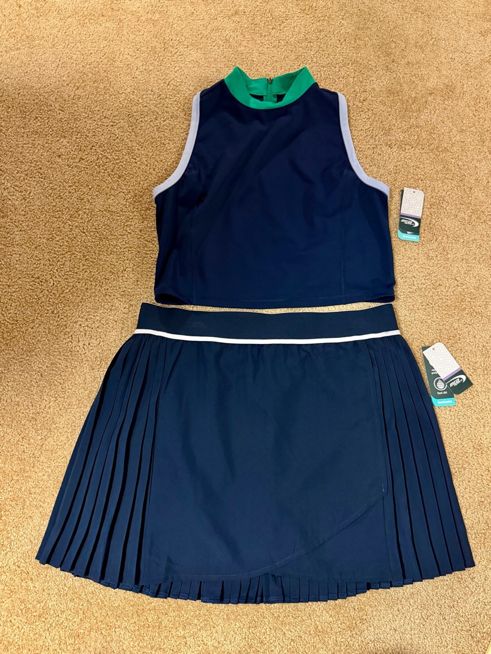 MTA Sport two piece activewear set tank top pleated tennis skirt skort pocket XL